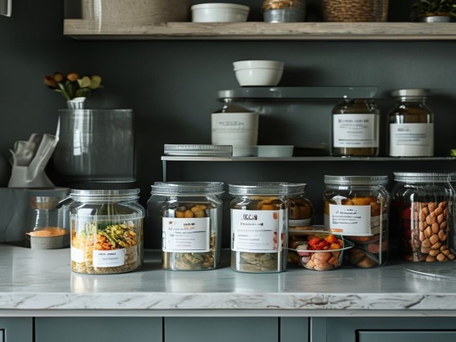 Storage containers with prepared ingredients and labelled portions arranged on shelf