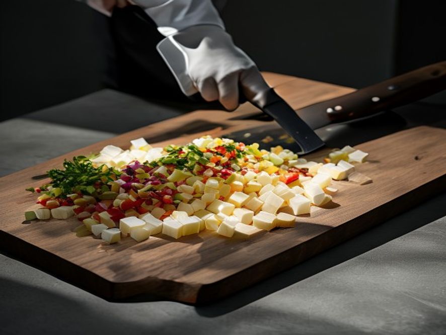 Chef's knife and cutting board with precisely diced vegetables in organised portions