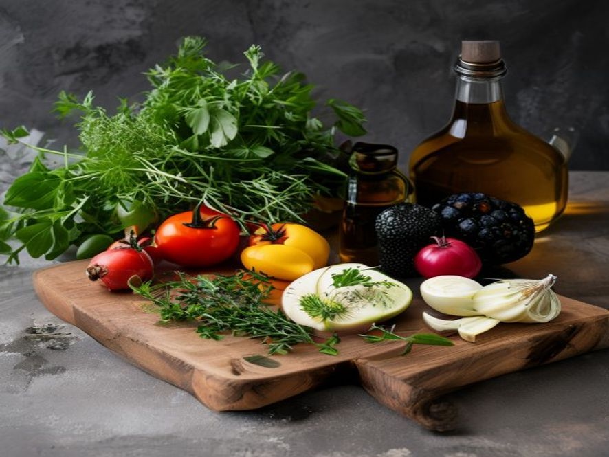 Meal ingredients arranged on wooden board with fresh herbs and vegetables